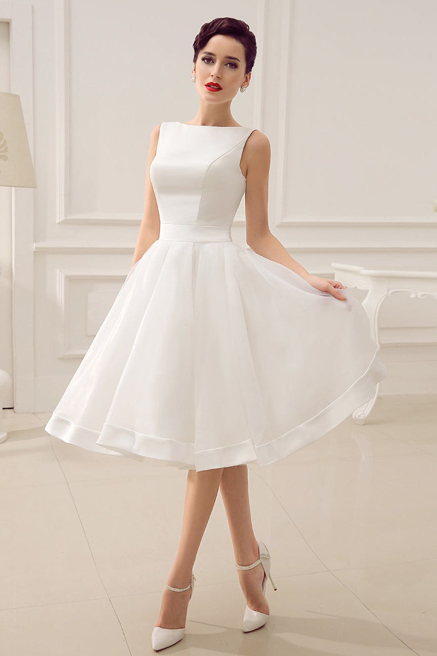 Exclusive Short Wedding Dress Retro Bridal Dress Bateau Sleeveless Reception Bridal Gown-Ballbride