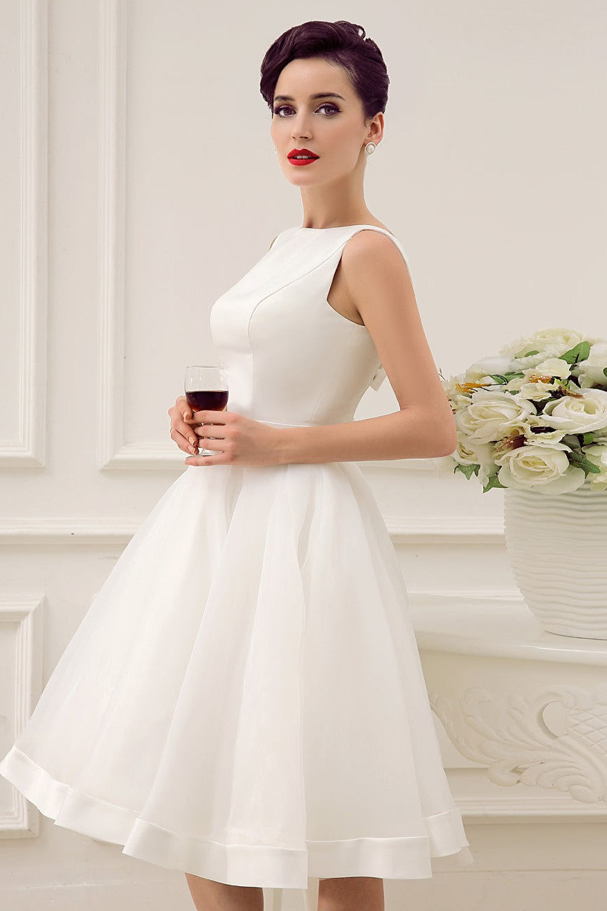 Exclusive Short Wedding Dress Retro Bridal Dress Bateau Sleeveless Reception Bridal Gown-Ballbride