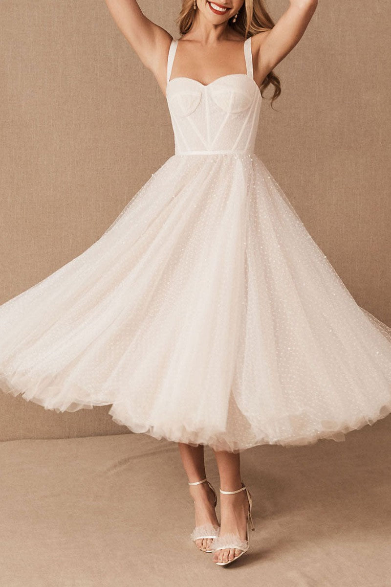 Exclusive White Wedding Dresses T-Length A-Line Sweetheart Pearls Spaghetti Straps Tea Length Bridal Dress-BallBride
