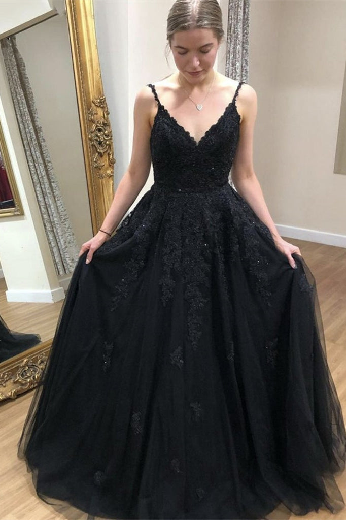 Fabulous Black Long Prom Dress with Spaghetti-Straps and Appliques-BallBride