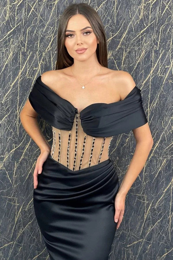Fabulous Black Off-the-Shoulder Evening Dress Mermaid Long With Pleats-BallBride
