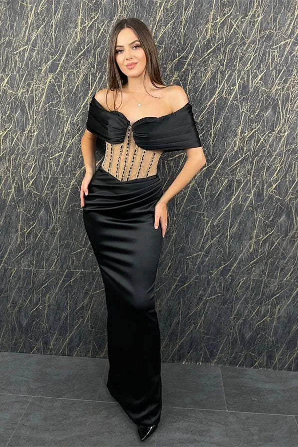 Fabulous Black Off-the-Shoulder Evening Dress Mermaid Long With Pleats-BallBride