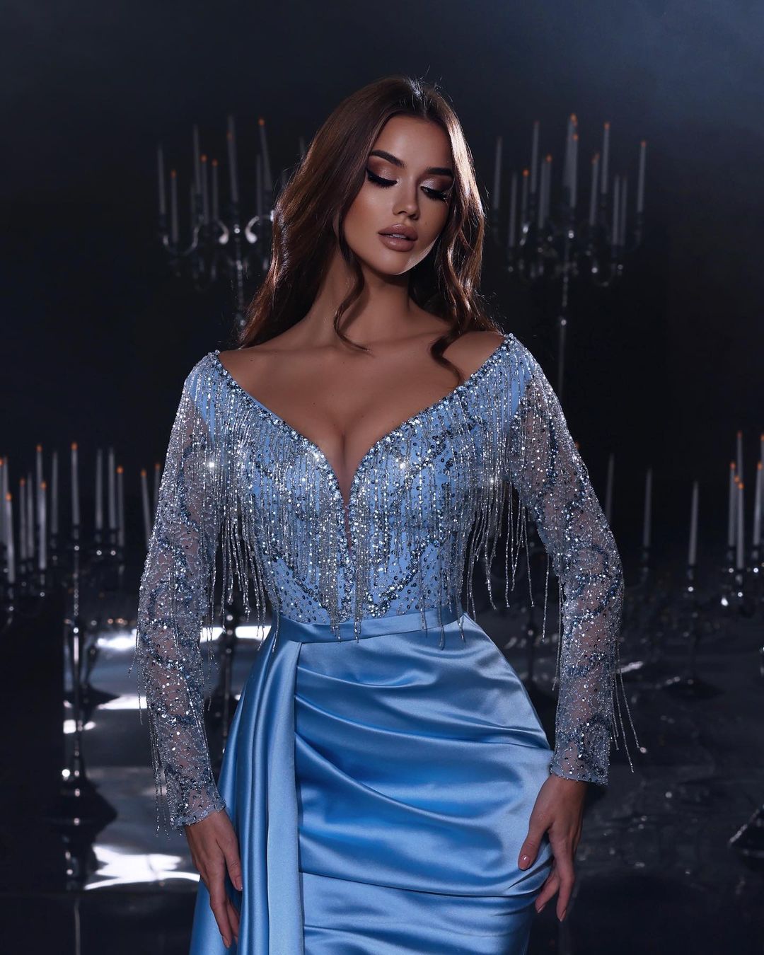 Fabulous Blue Long Sleeves Mermaid Evening Dress with Beadings and Tassels Split ¨C Shop Online-BallBride