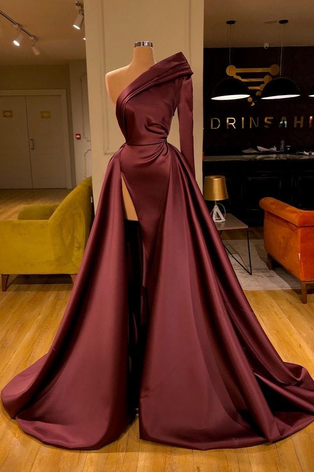 Fabulous Cabernet Prom Dress with One Shoulder, Long Sleeves and Split Overskirt-BallBride