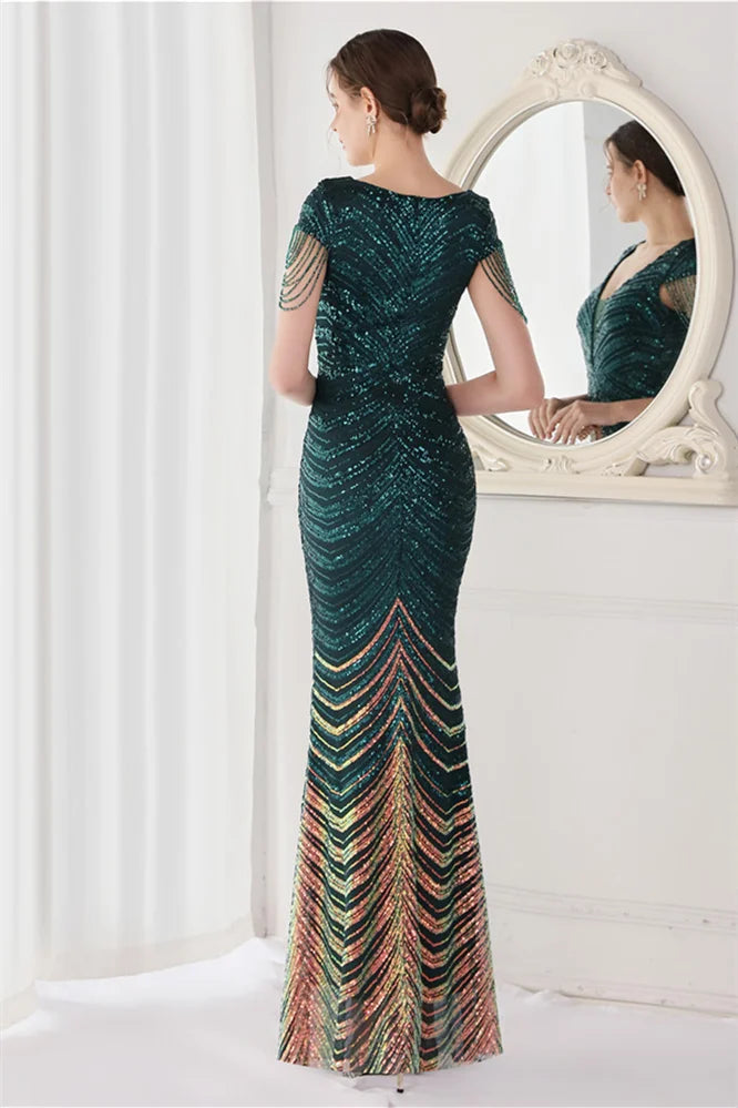 Fabulous Cap Sleeves V-Neck Evening Dress Mermaid Sequins Online-BallBride