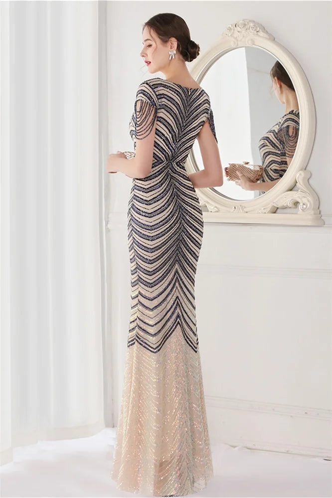 Fabulous Cap Sleeves V-Neck Evening Dress Mermaid Sequins Online-BallBride