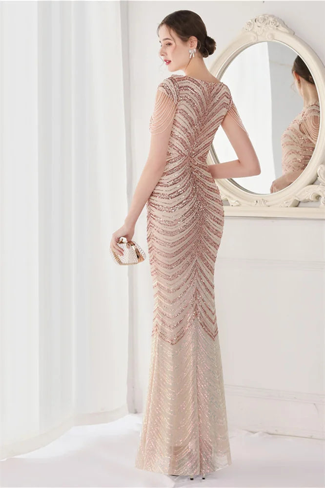 Fabulous Cap Sleeves V-Neck Evening Dress Mermaid Sequins Online-BallBride