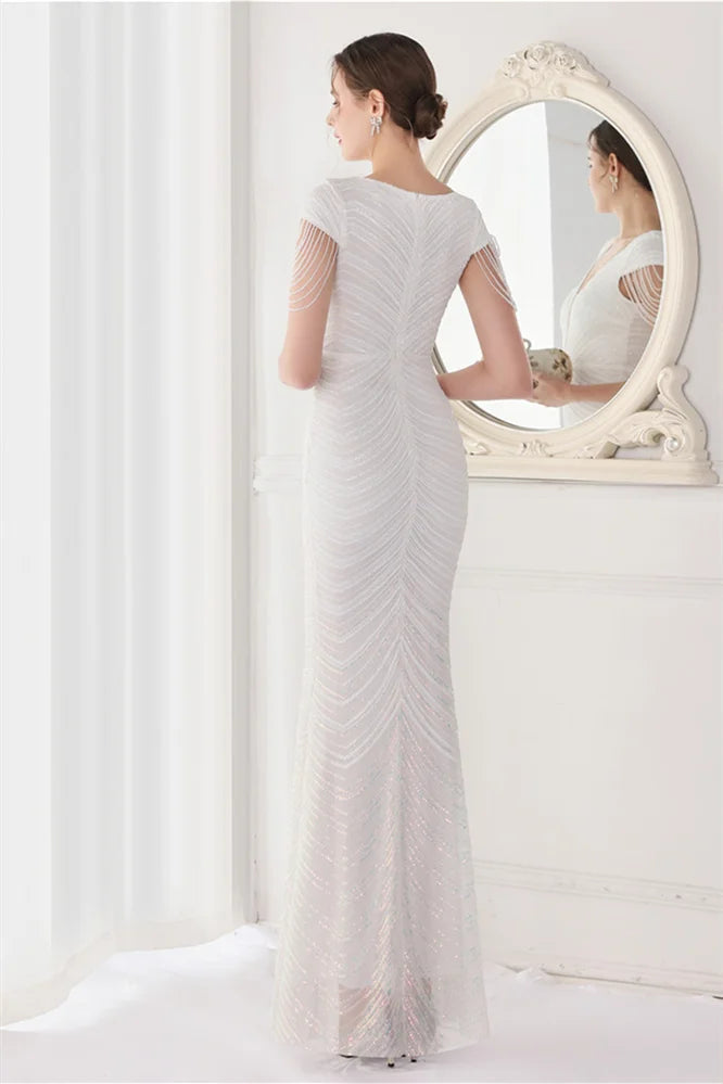 Fabulous Cap Sleeves V-Neck Evening Dress Mermaid Sequins Online-BallBride