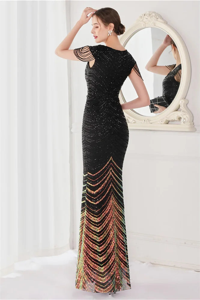 Fabulous Cap Sleeves V-Neck Evening Dress Mermaid Sequins Online-BallBride
