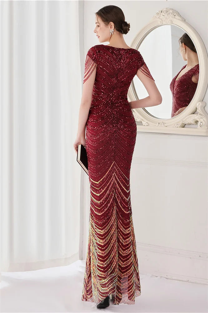 Fabulous Cap Sleeves V-Neck Evening Dress Mermaid Sequins Online-BallBride