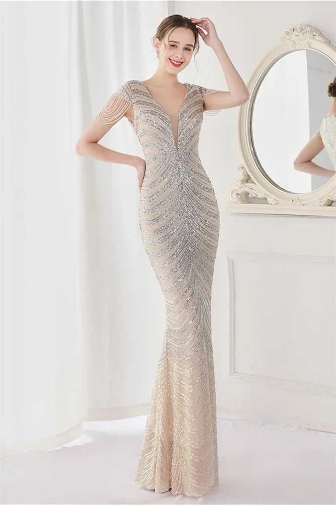 Fabulous Cap Sleeves V-Neck Evening Dress Mermaid Sequins Online-BallBride