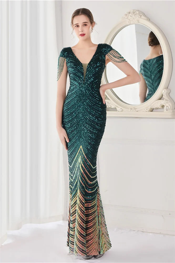 Fabulous Cap Sleeves V-Neck Evening Dress Mermaid Sequins Online-BallBride