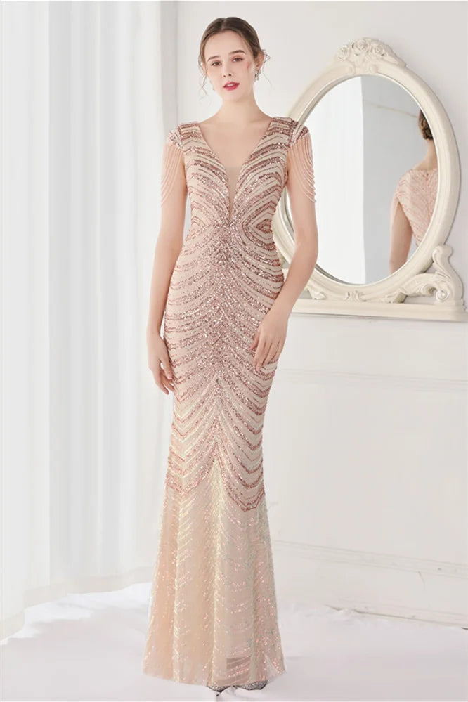 Fabulous Cap Sleeves V-Neck Evening Dress Mermaid Sequins Online-BallBride