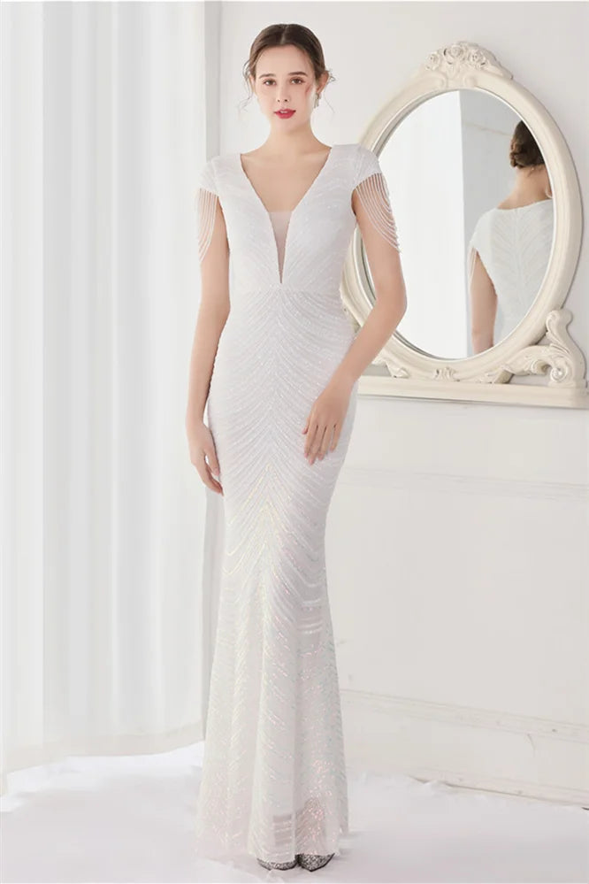 Fabulous Cap Sleeves V-Neck Evening Dress Mermaid Sequins Online-BallBride