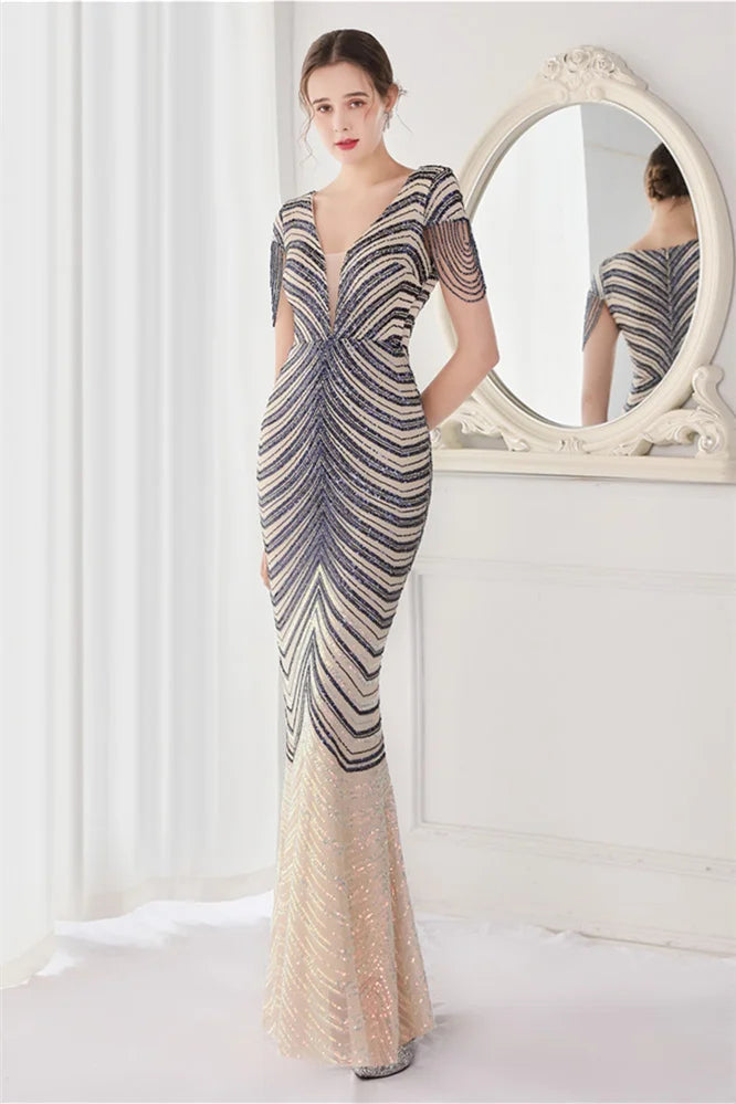 Fabulous Cap Sleeves V-Neck Evening Dress Mermaid Sequins Online-BallBride