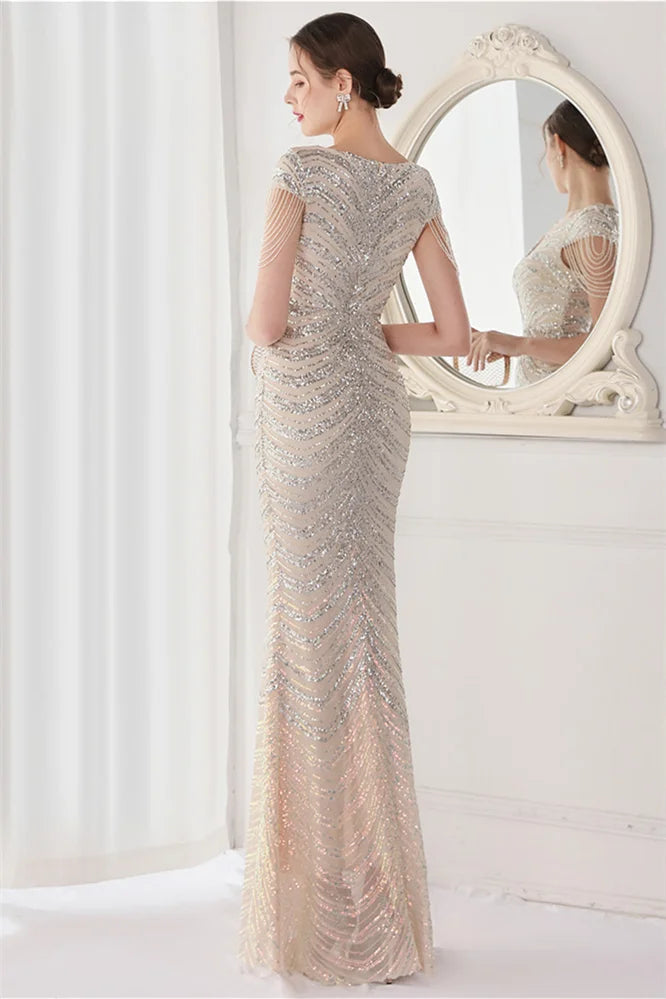 Fabulous Cap Sleeves V-Neck Evening Dress Mermaid Sequins Online-BallBride