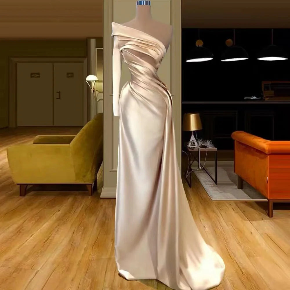 Fabulous Champagne One Shoulder Long Sleeves Mermaid Prom Dress Long Evening Gowns-BallBride
