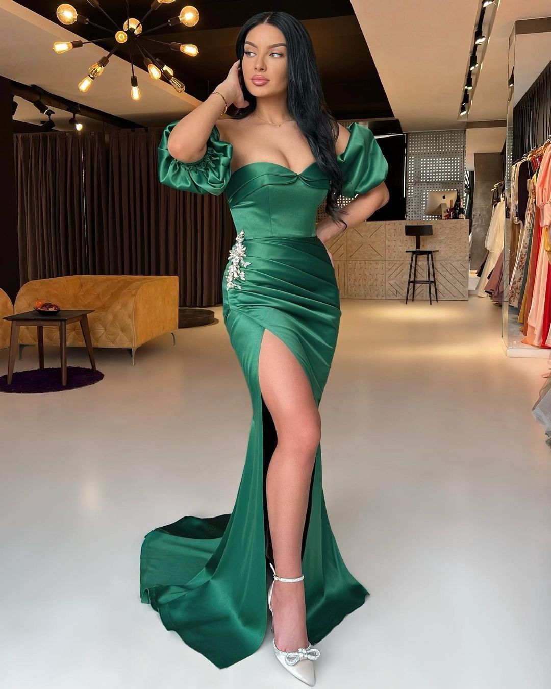 Fabulous Emerald Green Mermaid Evening Dress with Detachable Sleeves-BallBride