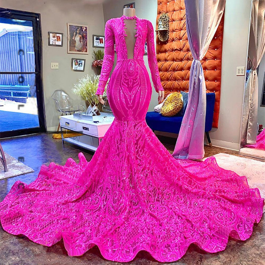 Fabulous Fuchsia Long Sleeves Evening Dress with Sequins Deep V-Neck-BallBride