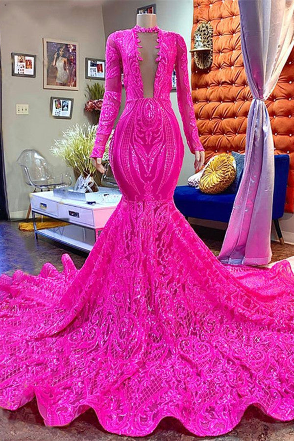 Fabulous Fuchsia Long Sleeves Evening Dress with Sequins Deep V-Neck-BallBride