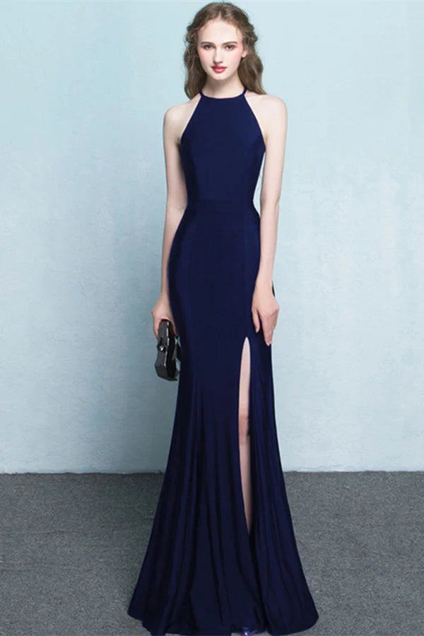 Fabulous Halter Sleeveless Evening Dress Mermaid Long Split Online-BallBride