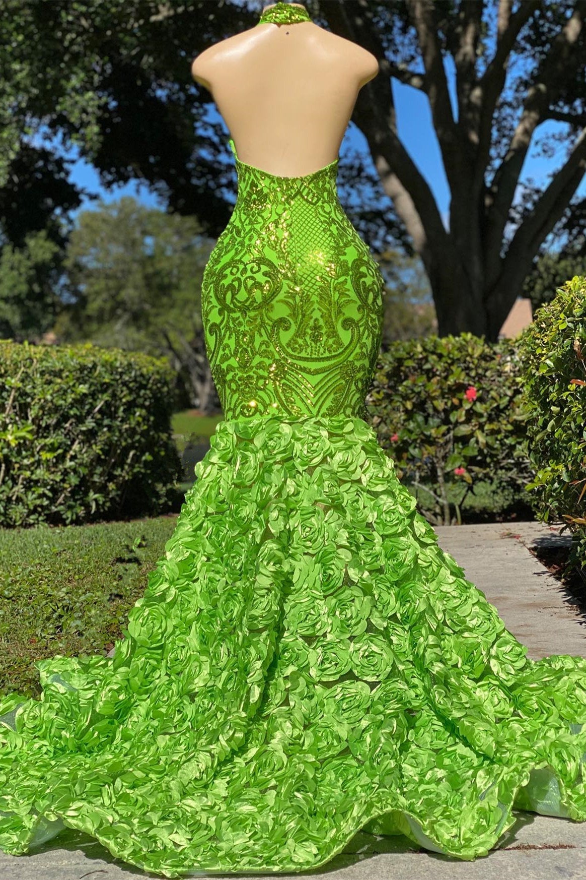 Fabulous High Neck Sleeveless Prom Dress with Green Mermaid and Rose Bottom Sequins-BallBride