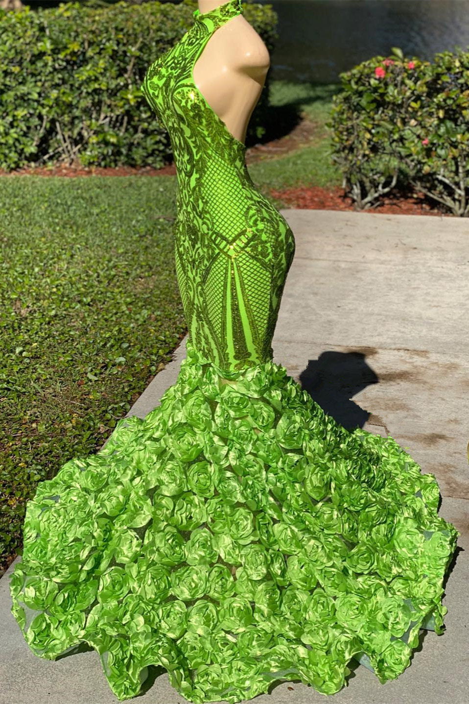 Fabulous High Neck Sleeveless Prom Dress with Green Mermaid and Rose Bottom Sequins-BallBride