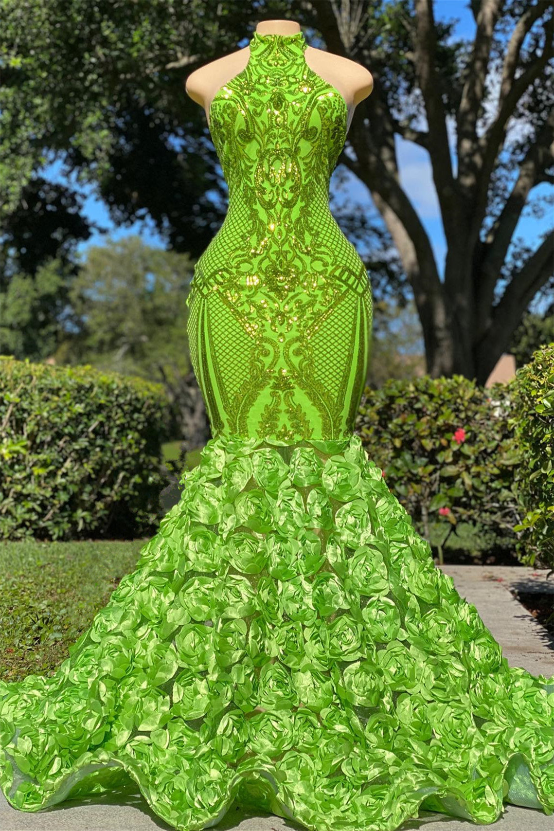 Fabulous High Neck Sleeveless Prom Dress with Green Mermaid and Rose Bottom Sequins-BallBride