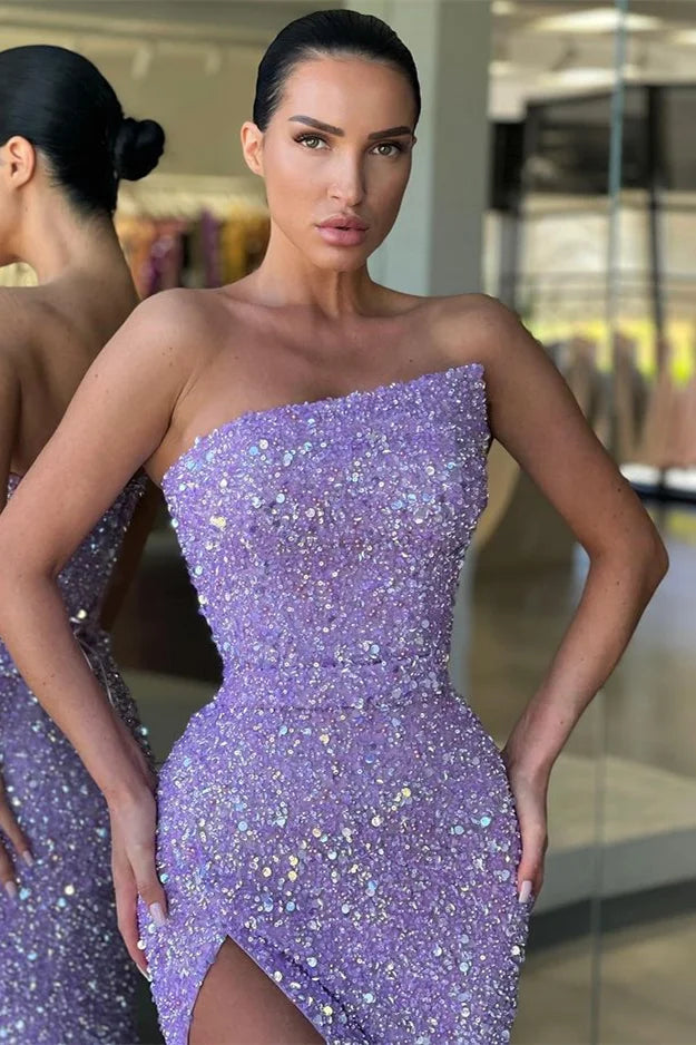 Fabulous Lilac Strapless Sequins Evening Dress Mermaid Long With Split-BallBride