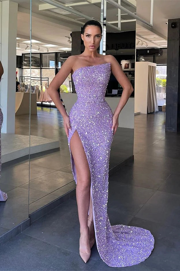 Fabulous Lilac Strapless Sequins Evening Dress Mermaid Long With Split-BallBride