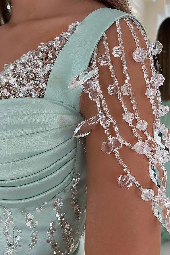 Fabulous Mint Green V-Neck Mermaid Evening Dress Front Split Buttons With Beads Crystals-BallBride