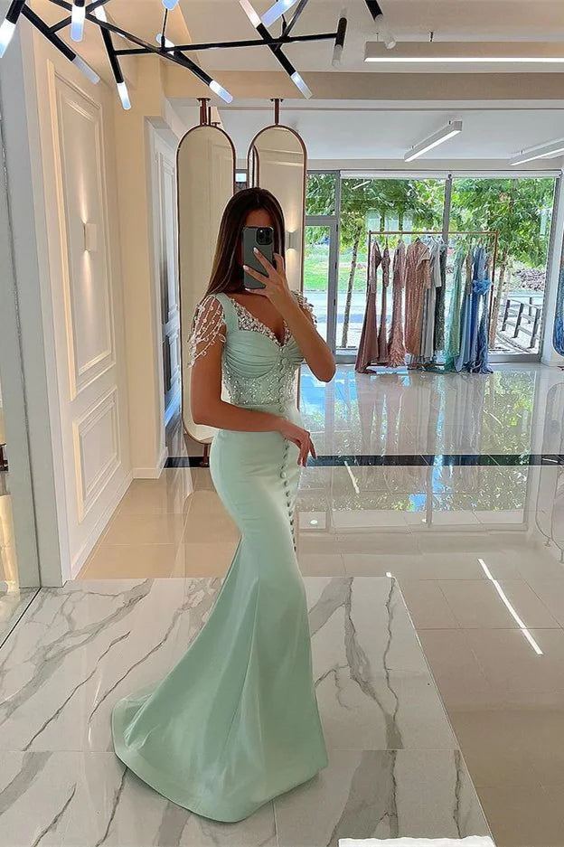 Fabulous Mint Green V-Neck Mermaid Evening Dress Front Split Buttons With Beads Crystals-BallBride