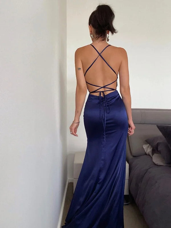 Fabulous Navy Blue Halter Mermaid Evening Dress With Split-BallBride
