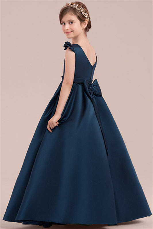 Fabulous Navy Blue Satin Flower Girl Dress With Bowknot-BallBride