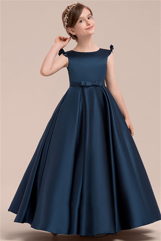 Fabulous Navy Blue Satin Flower Girl Dress With Bowknot-BallBride
