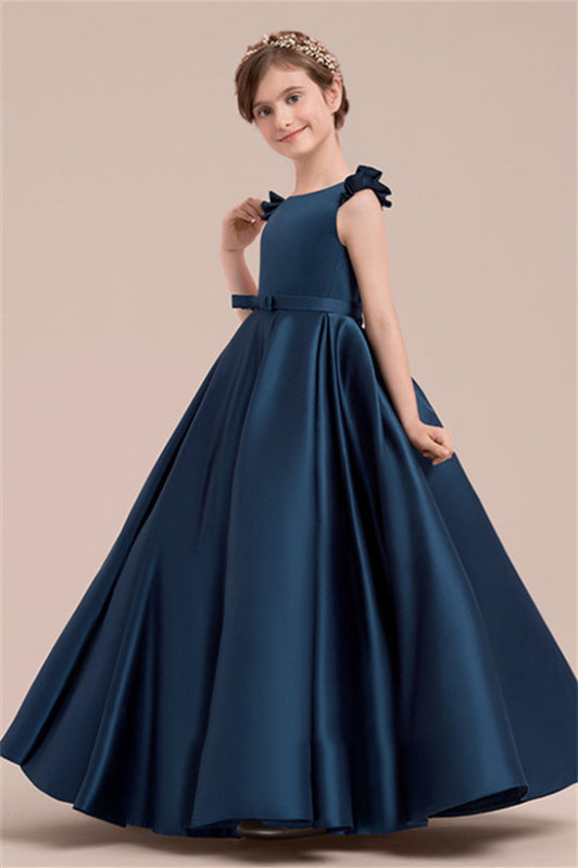 Fabulous Navy Blue Satin Flower Girl Dress With Bowknot-BallBride