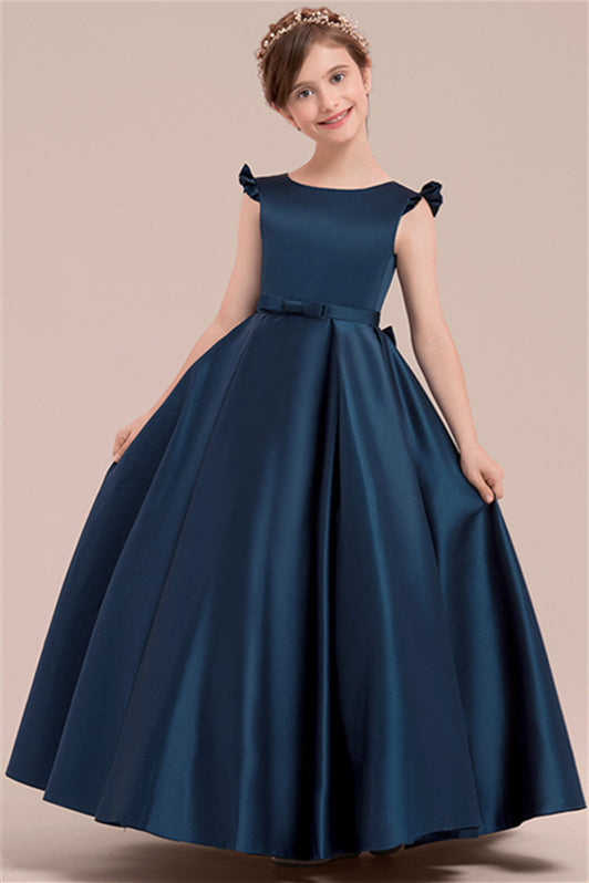Fabulous Navy Blue Satin Flower Girl Dress With Bowknot-BallBride