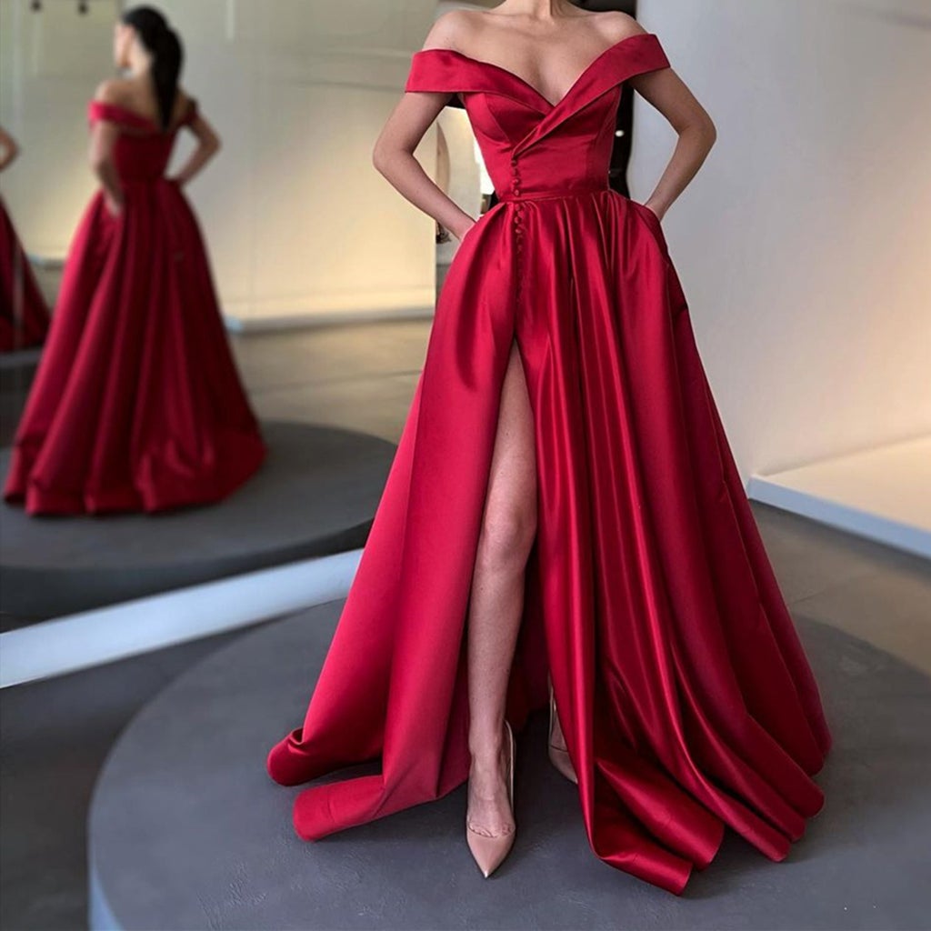 Fabulous Off-the-Shoulder Long Split Prom Dress With Pockets-BallBride