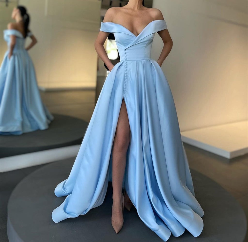 Fabulous Off-the-Shoulder Long Split Prom Dress With Pockets-BallBride