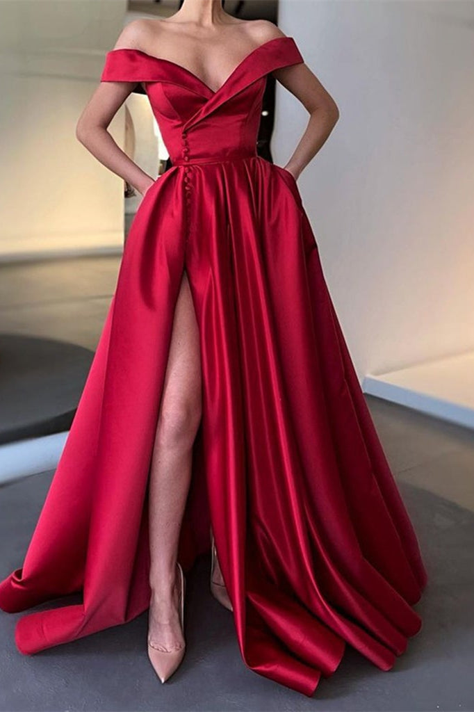 Fabulous Off-the-Shoulder Long Split Prom Dress With Pockets-BallBride