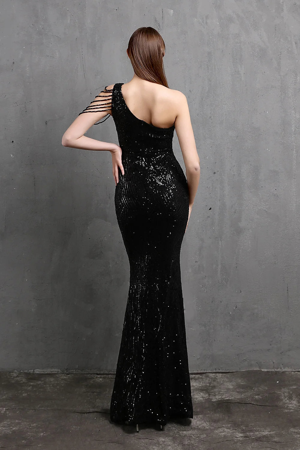 Fabulous One Shoulder Sequins Long Evening Dress Mermaid Zipper Back-BallBride
