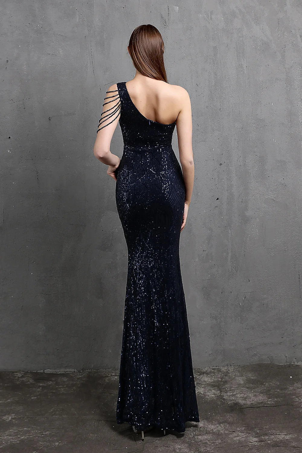 Fabulous One Shoulder Sequins Long Evening Dress Mermaid Zipper Back-BallBride
