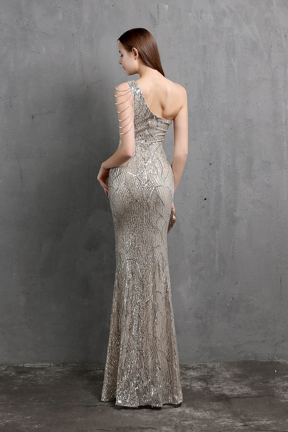 Fabulous One Shoulder Sequins Long Evening Dress Mermaid Zipper Back-BallBride