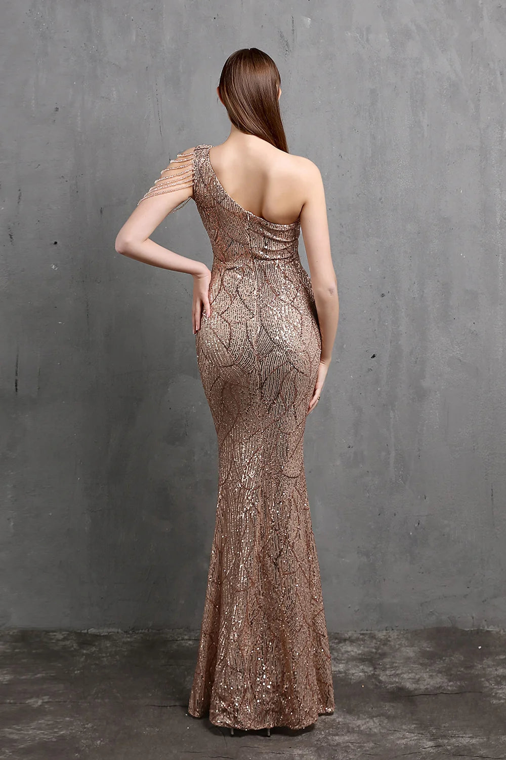 Fabulous One Shoulder Sequins Long Evening Dress Mermaid Zipper Back-BallBride
