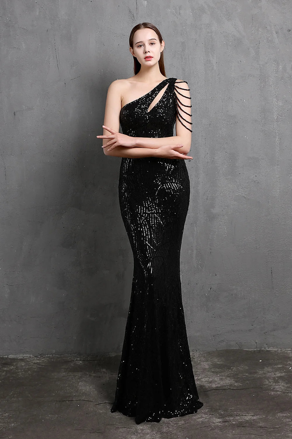 Fabulous One Shoulder Sequins Long Evening Dress Mermaid Zipper Back-BallBride