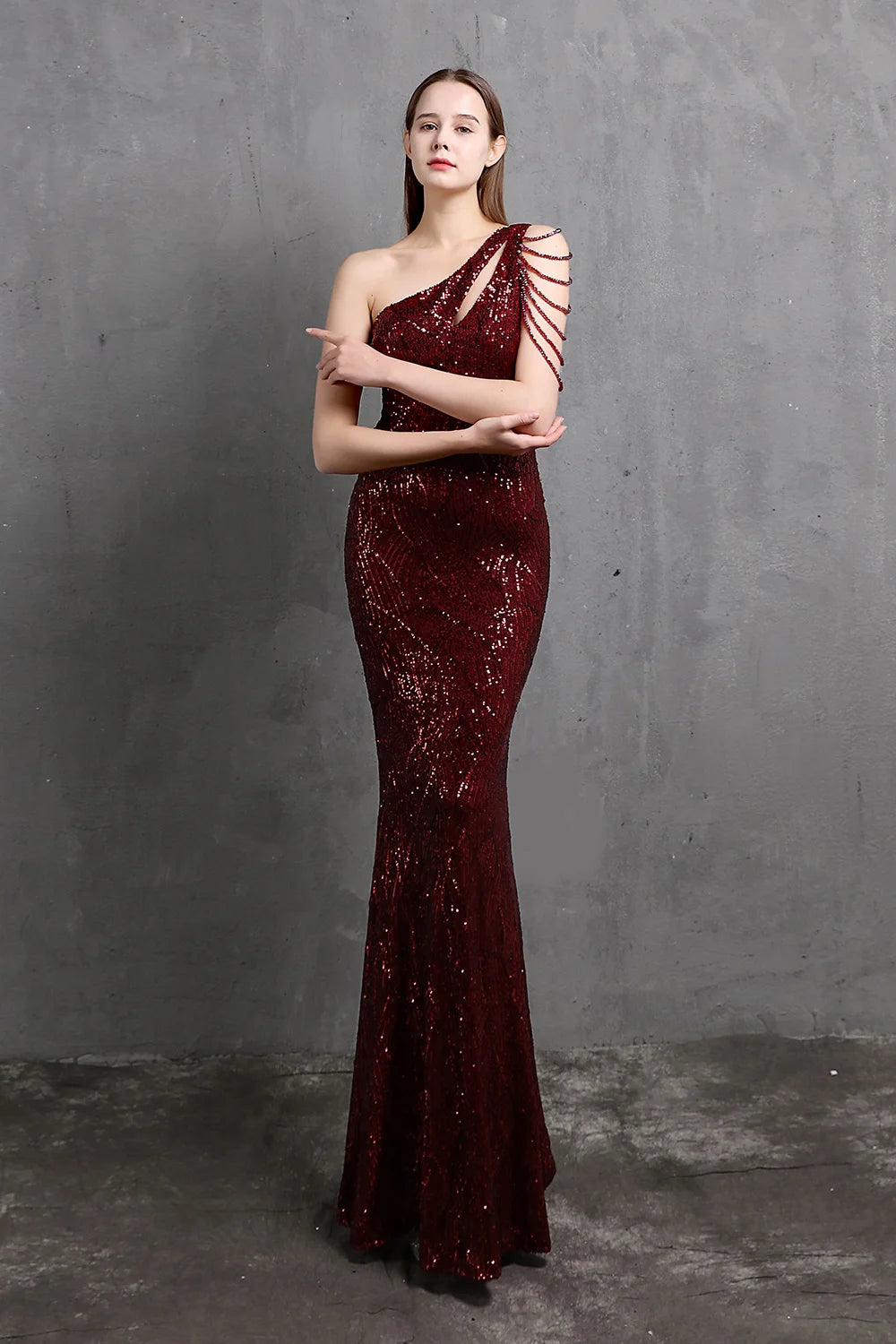 Fabulous One Shoulder Sequins Long Evening Dress Mermaid Zipper Back-BallBride