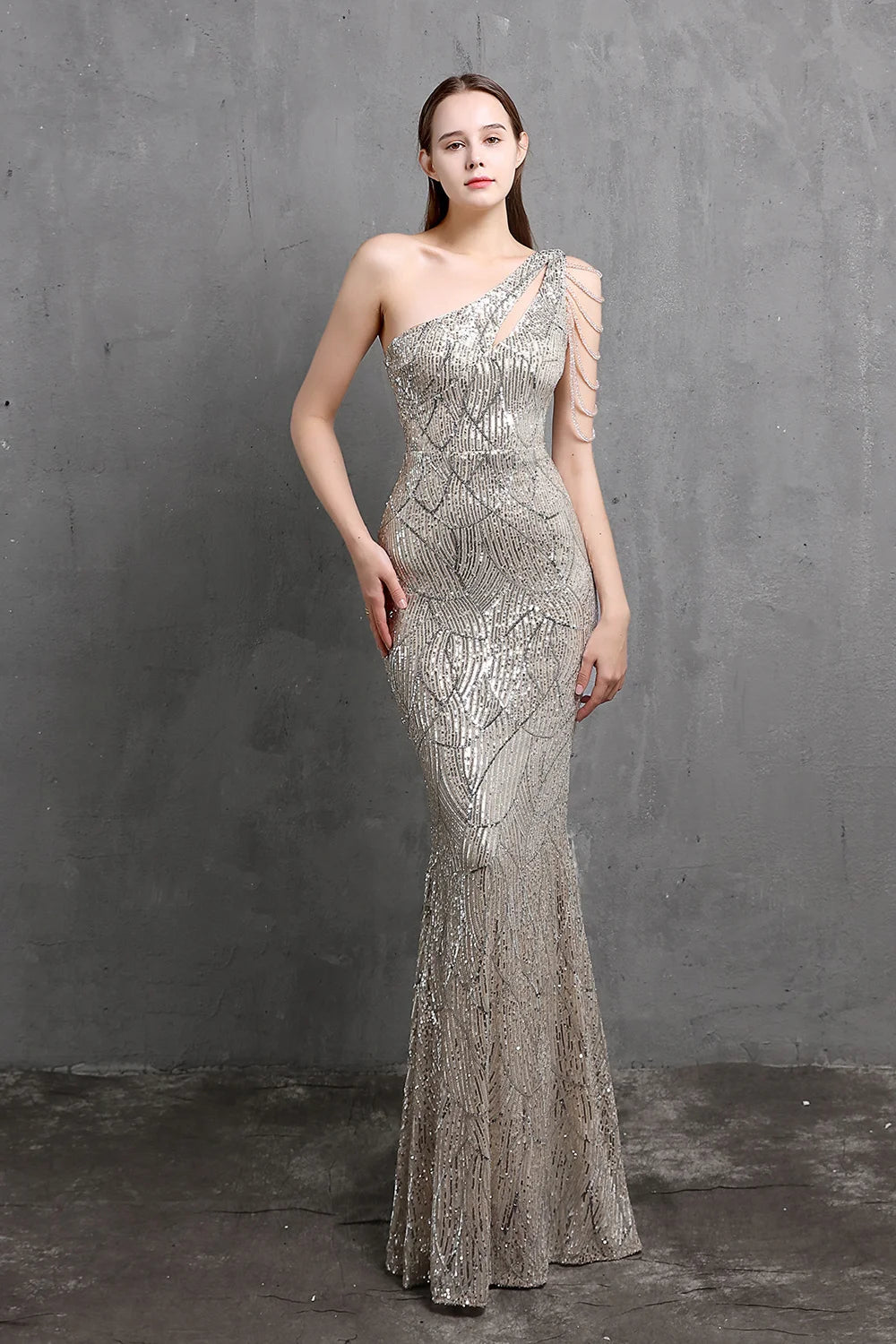 Fabulous One Shoulder Sequins Long Evening Dress Mermaid Zipper Back-BallBride