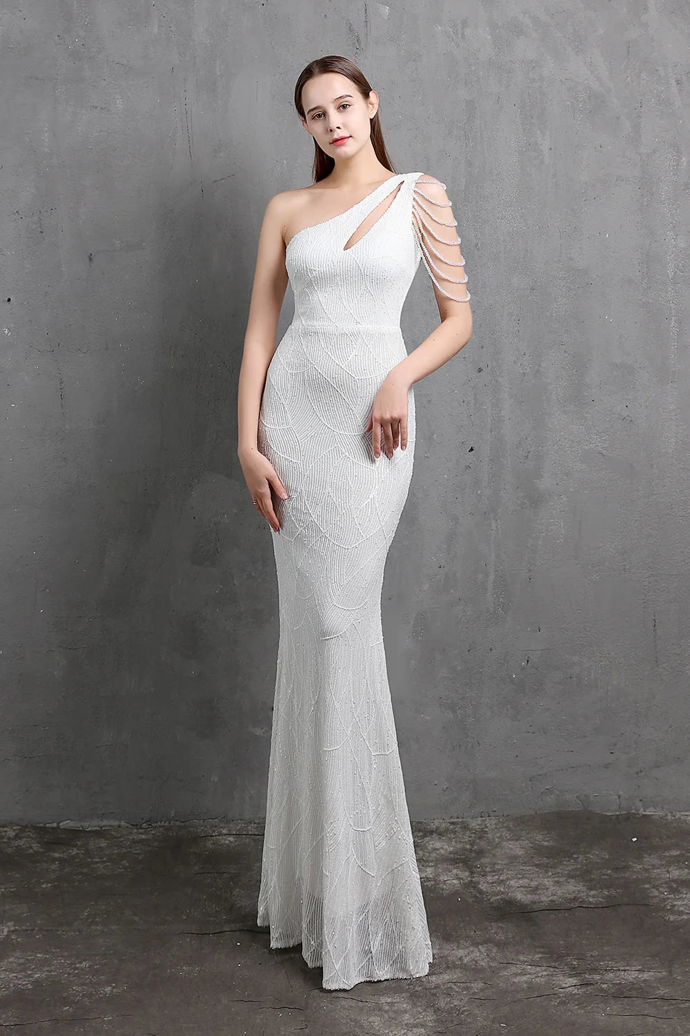 Fabulous One Shoulder Sequins Long Evening Dress Mermaid Zipper Back-BallBride
