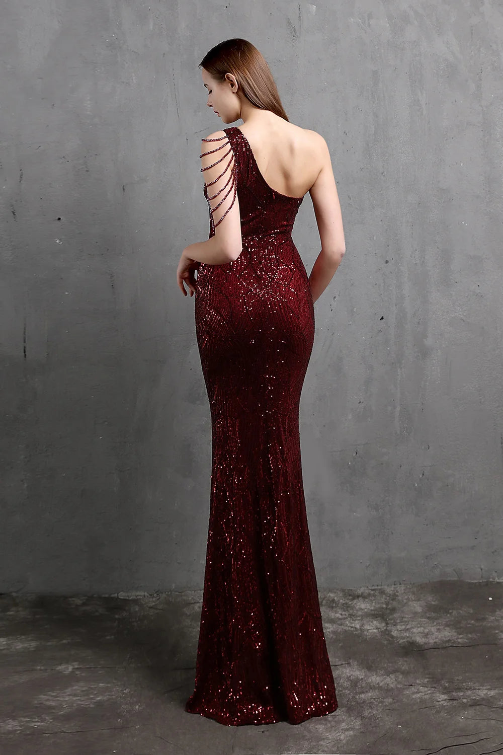 Fabulous One Shoulder Sequins Long Evening Dress Mermaid Zipper Back-BallBride