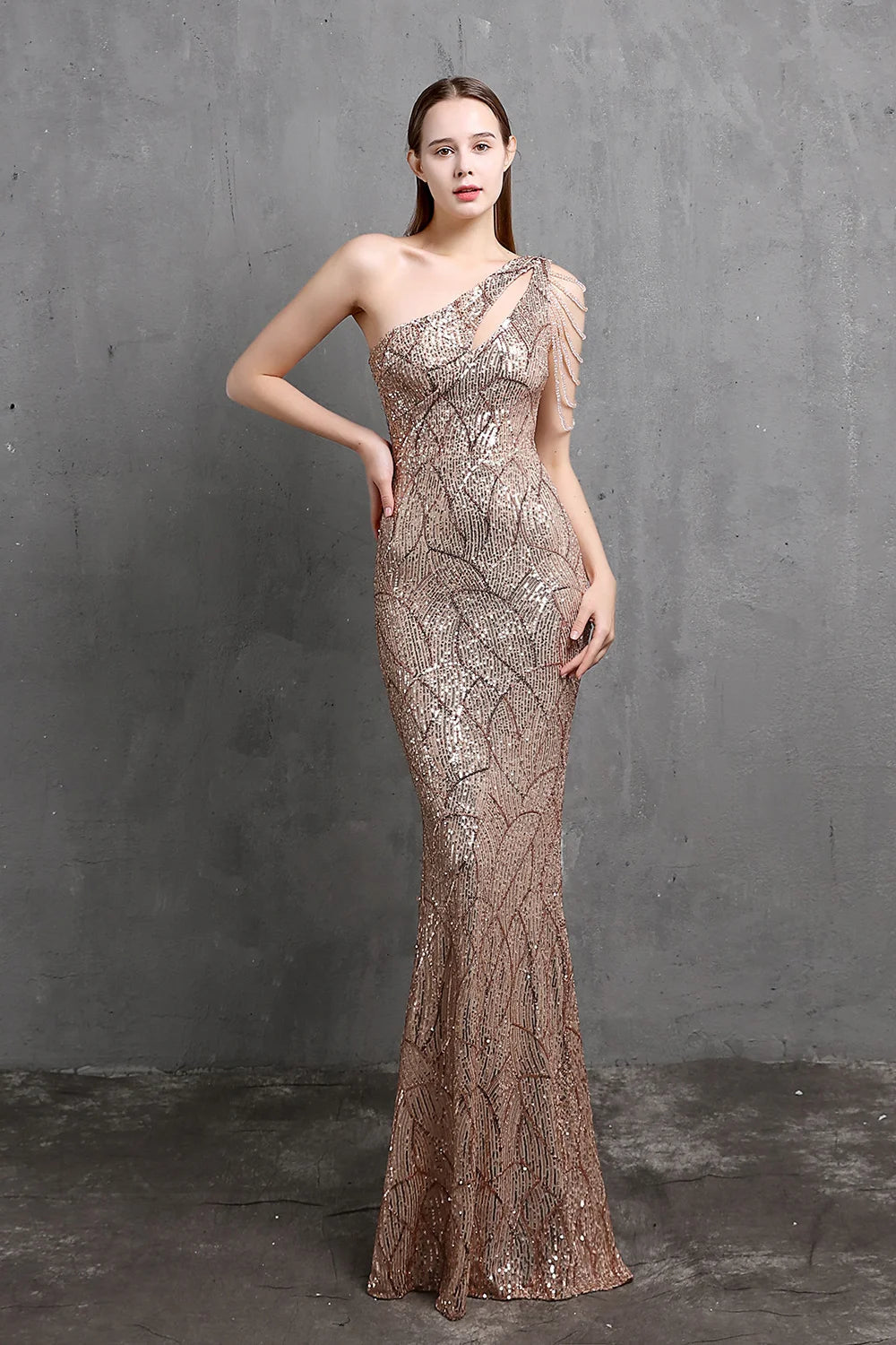 Fabulous One Shoulder Sequins Long Evening Dress Mermaid Zipper Back-BallBride